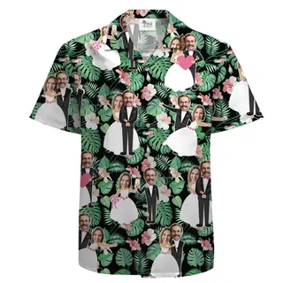 Custom Bride and Groom Faces Wedding Cotton Hawaiian Shirt