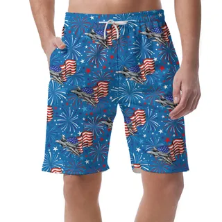 Patriotic Aircraft Firework Blue Hawaiian Shorts For Men