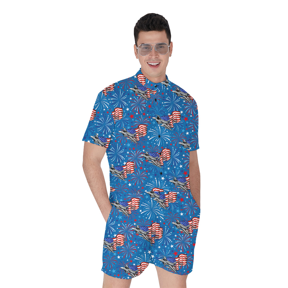4th Of July Firework American Flag Blue Romper For Men - variant image 1