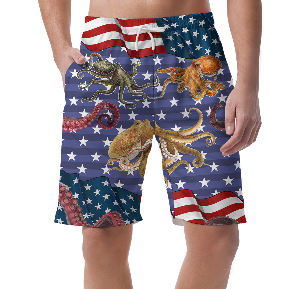 Funny Octopus American Flag Patriotic Beach Shorts For Men - variant image 1