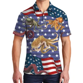 Funny Octopus American Flag Men's Polo Shirt