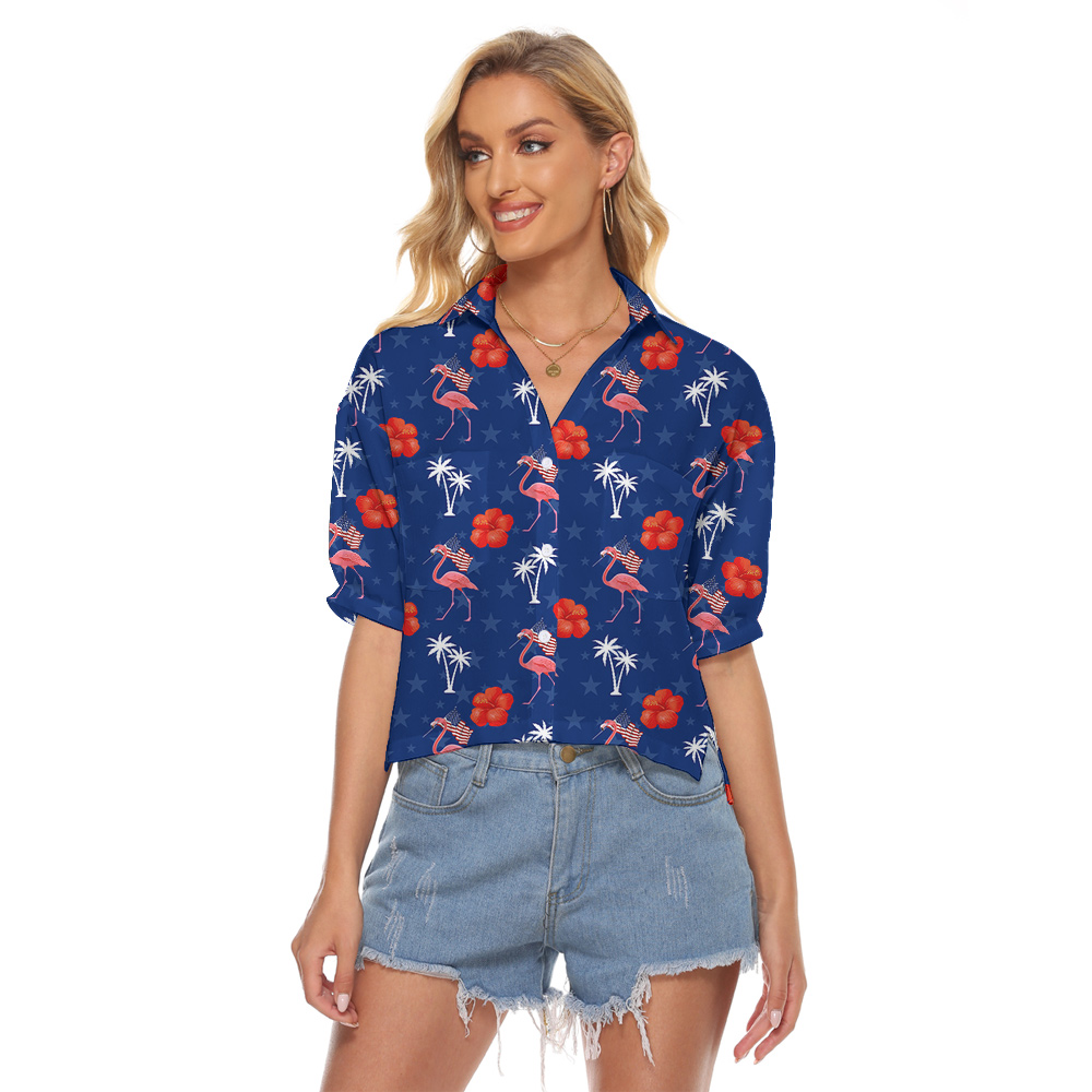 Floral 4th Of July Flamingo Blue Women's Cropped Shirt - variant image 1