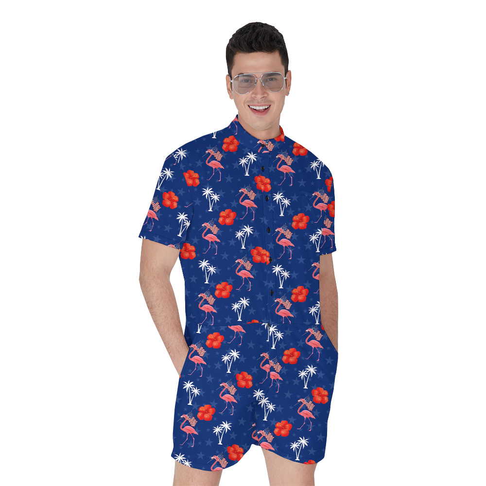 Flamingo American Flag Floral Blue Romper For Men - variant image 1