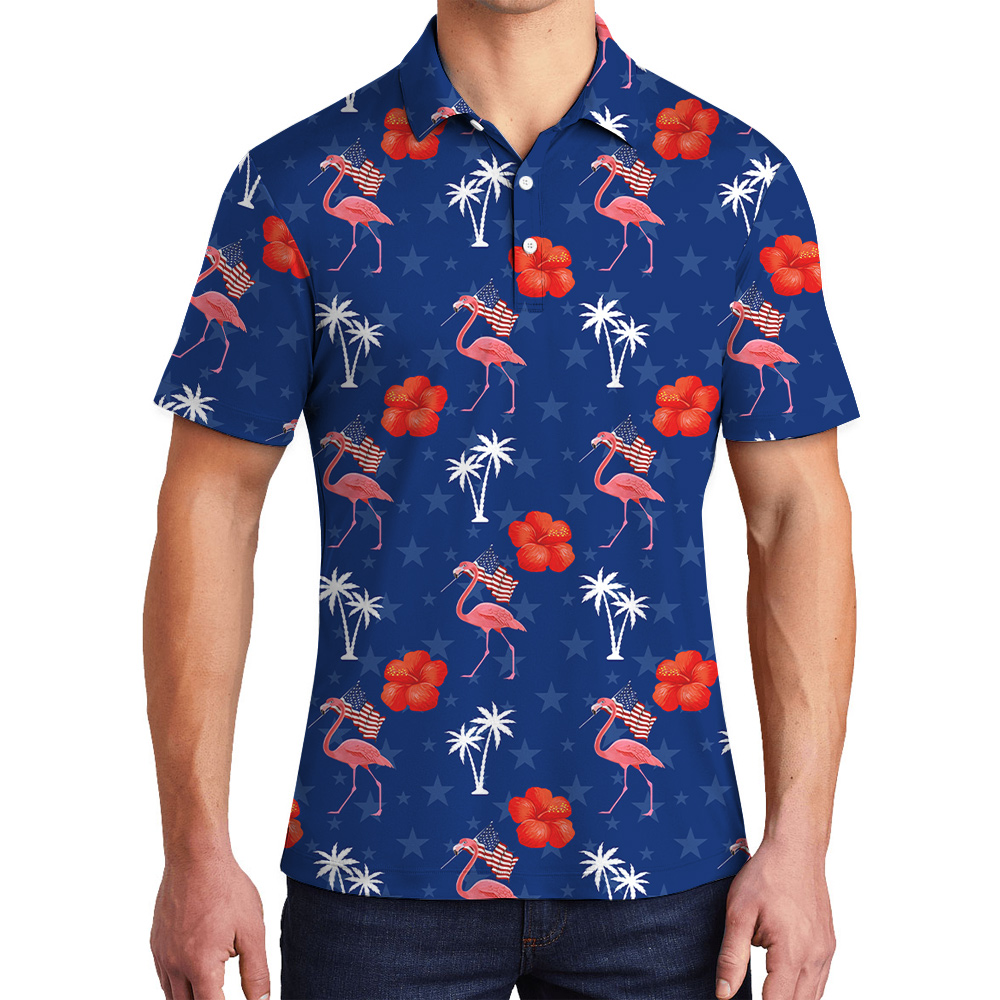 4th Of July Flamingo Hibiscus Blue Men's Polo Shirt - variant image 1