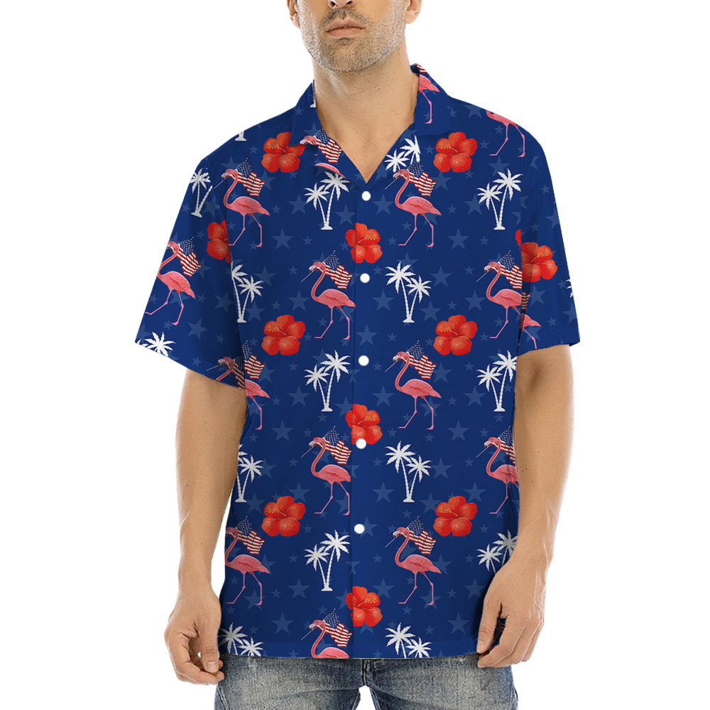 Flamingo American Flag Blue Hula Shirt - variant image 1