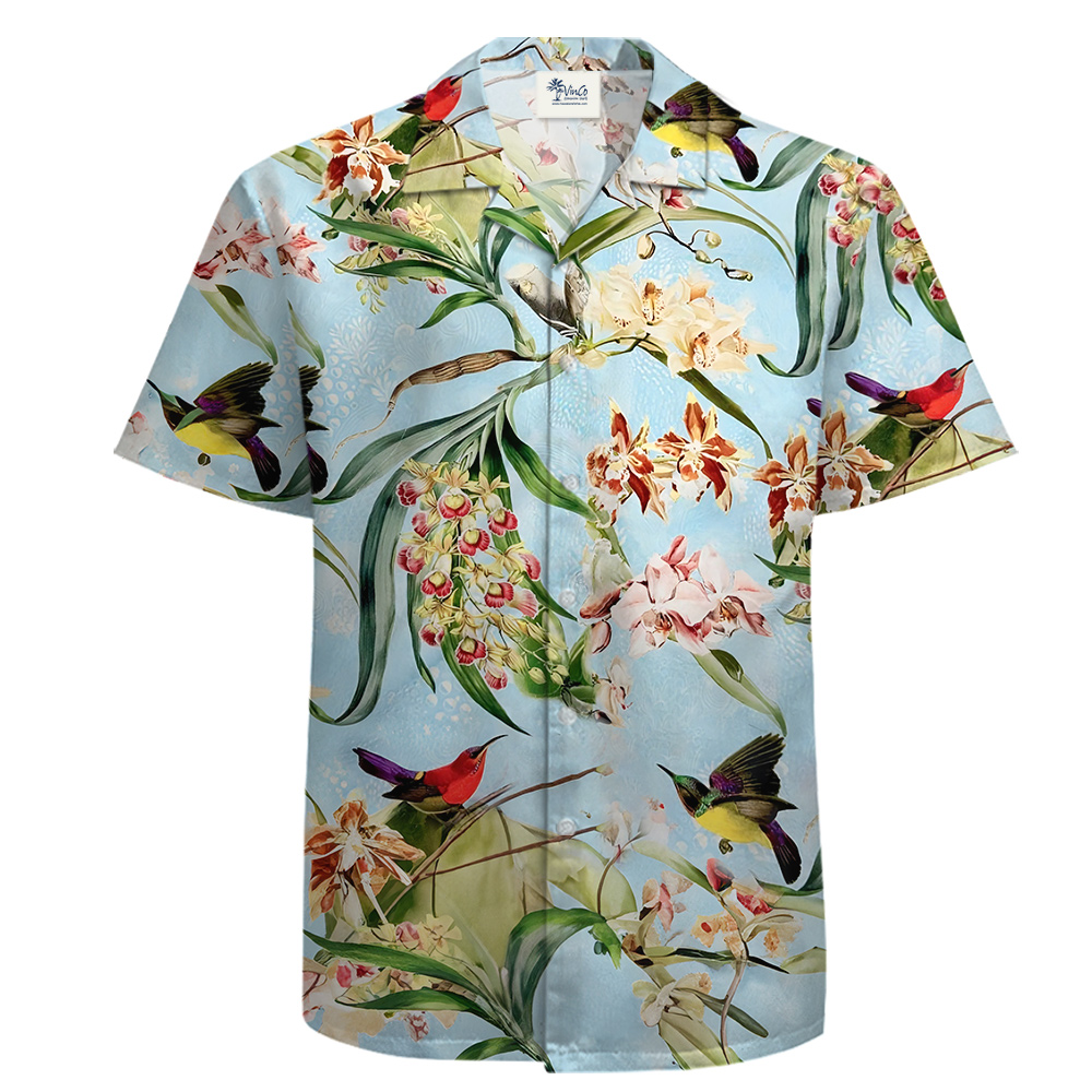 Cotton Hawaiian Shirt for Men Hummingbirds and Tropical Flowers - variant image 1