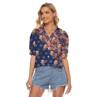 Funny Custom Face Patriotic American Flag Women's Crop Top Shirt