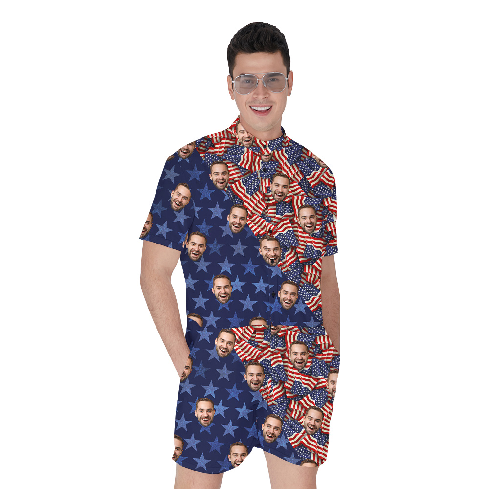 Custom Face 4th Of July American Flag Blue Romper For Men - variant image 1