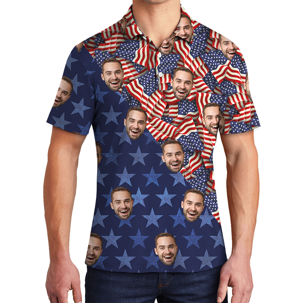 Custom Face American Flag Patriotic Men's Polo Shirt - variant image 1