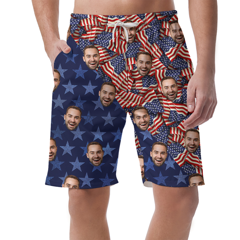 Funny Custom Face American Flag Patriotic Men's Beach Shorts - variant image 1