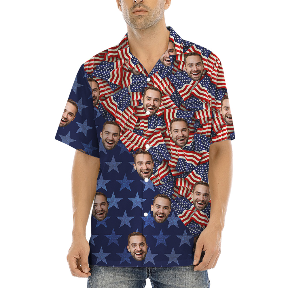 American Flag 4th Of July Men's Hawaiian Shirt With Custom Face - variant image 1