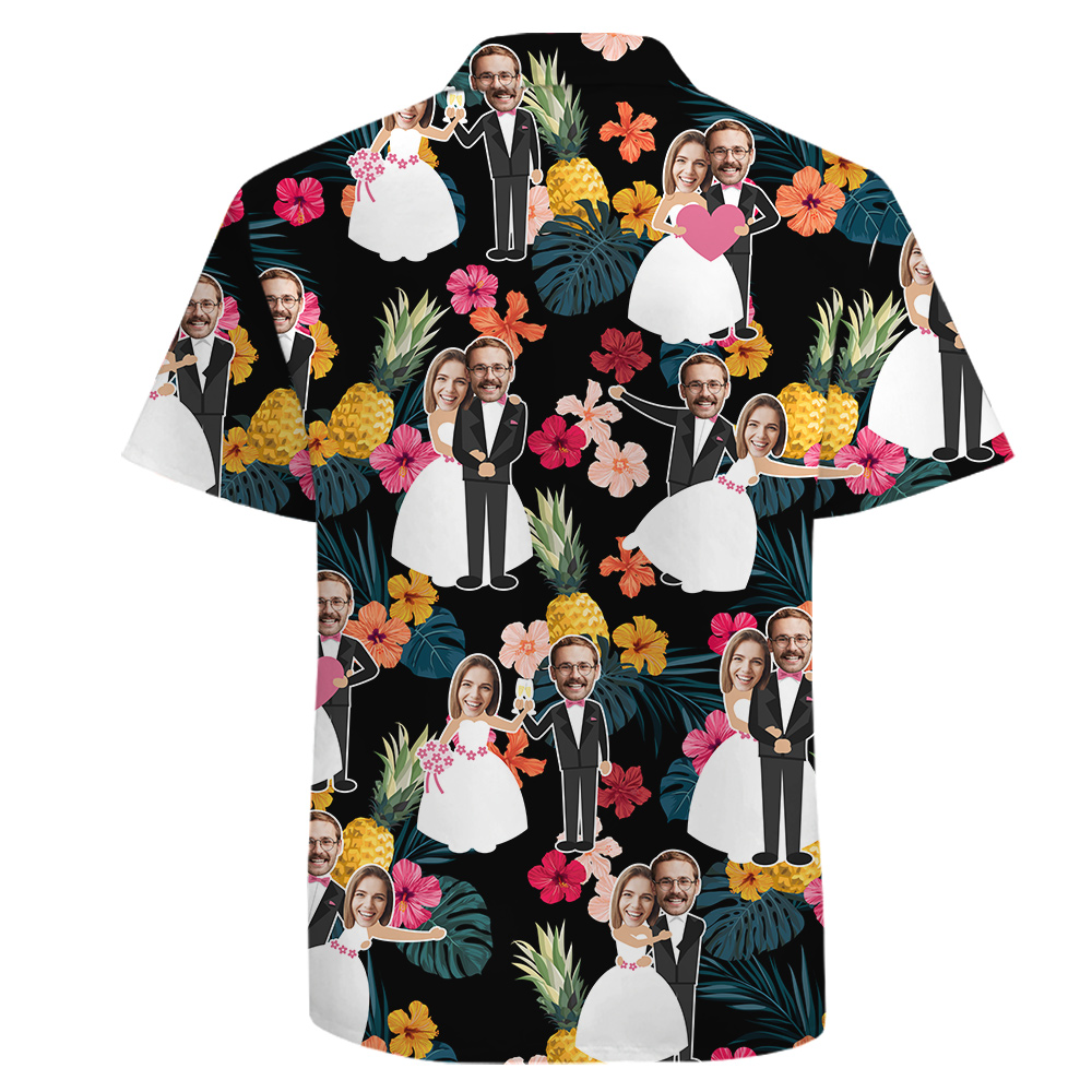 Custom Bride and Groom Faces Wedding Cotton Hula Shirt