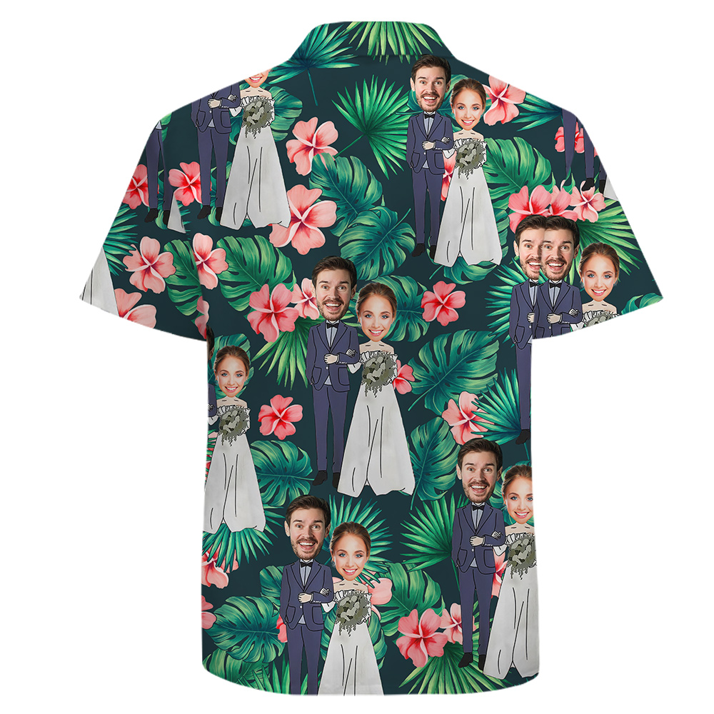 Custom Face Wedding Couple Cotton Tropical Button Up Shirt