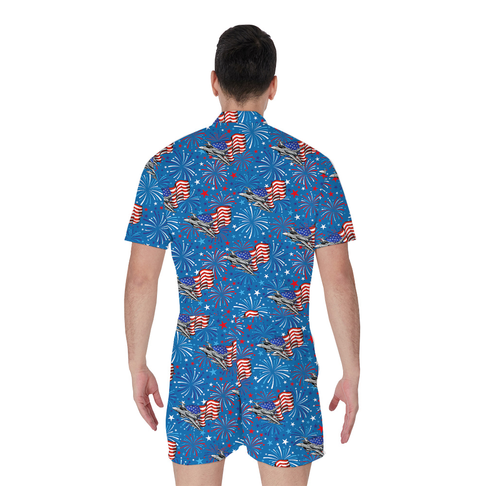 4th Of July Firework American Flag Blue Romper For Men