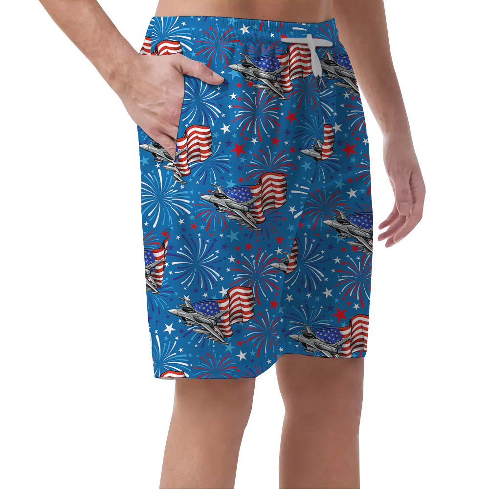 Patriotic Aircraft Firework Blue Hawaiian Shorts For Men