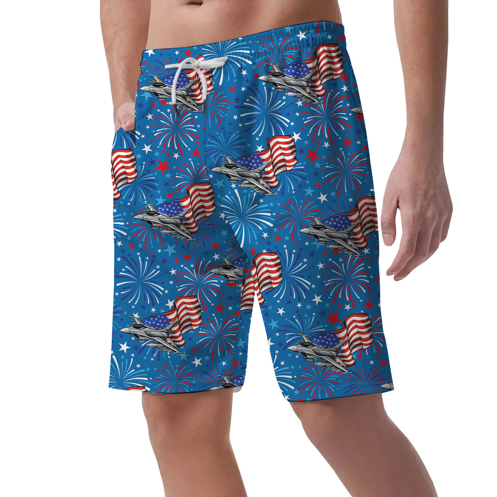 Patriotic Aircraft Firework Blue Hawaiian Shorts For Men
