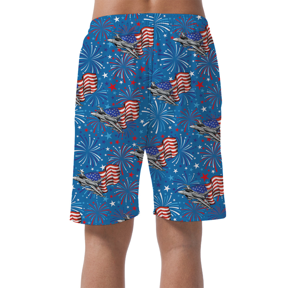 Patriotic Aircraft Firework Blue Hawaiian Shorts For Men