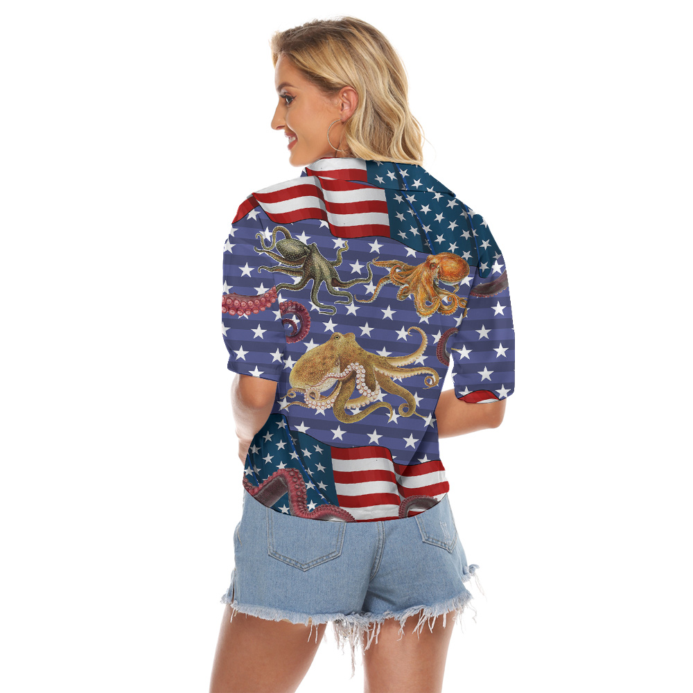 Patriotic Octopus American Flag Women's Cropped Shirt