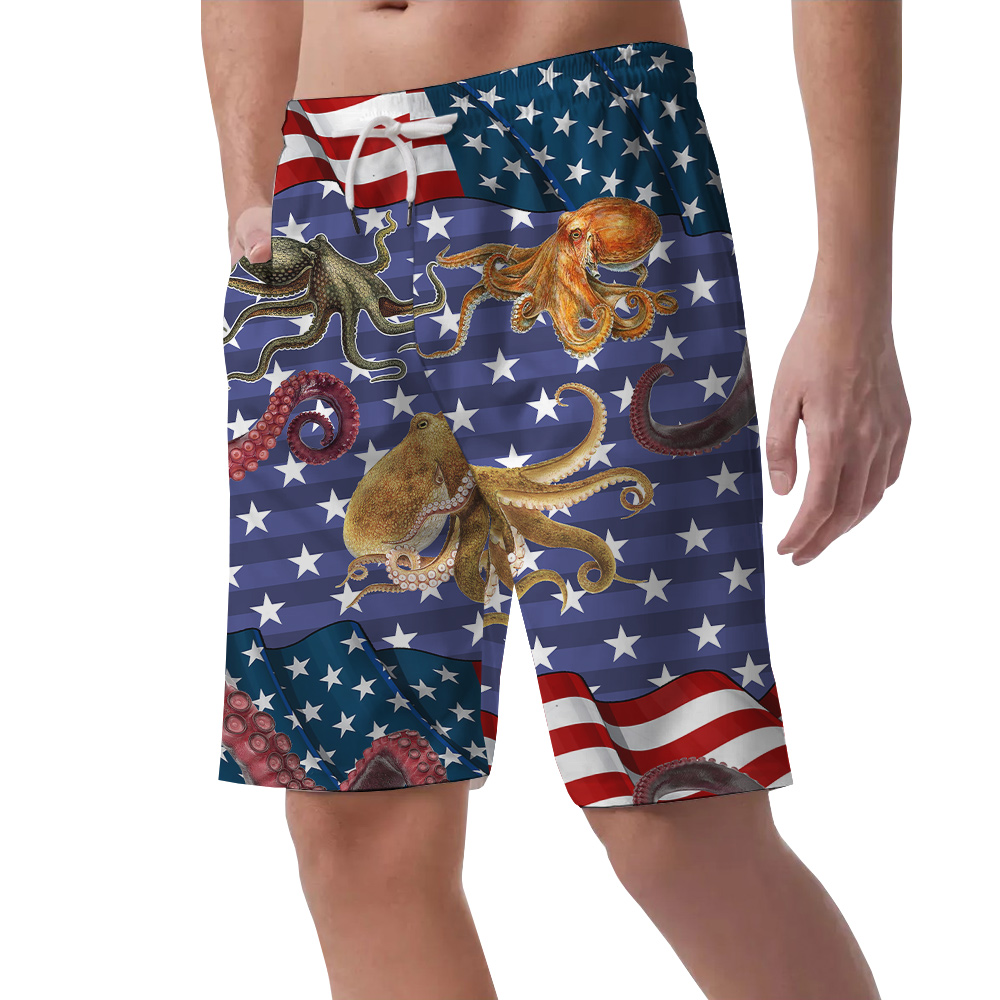 Funny Octopus American Flag Patriotic Beach Shorts For Men