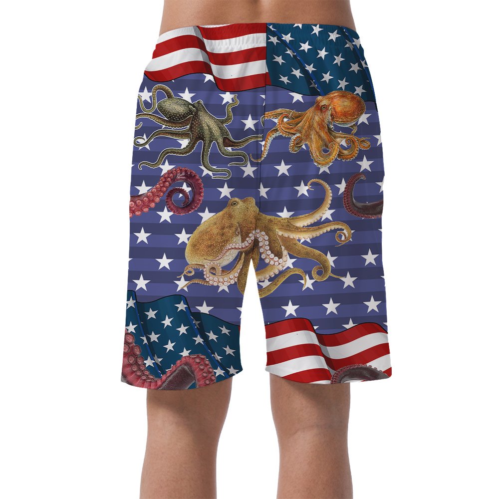 Funny Octopus American Flag Patriotic Beach Shorts For Men