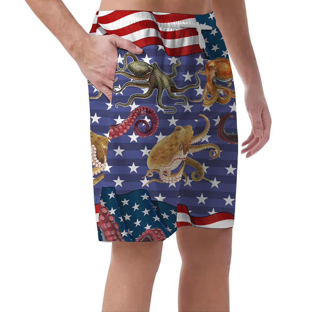 Funny Octopus American Flag Patriotic Beach Shorts For Men