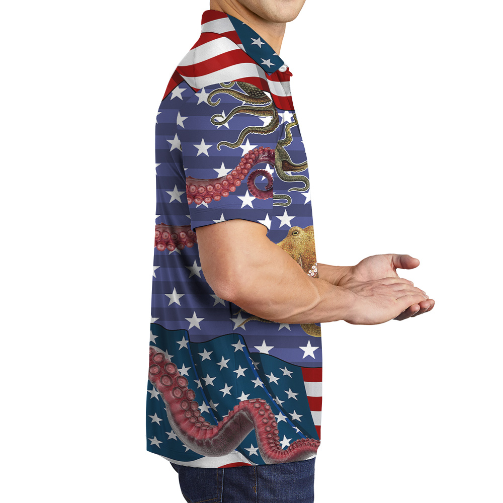 Funny Octopus American Flag Men's Polo Shirt