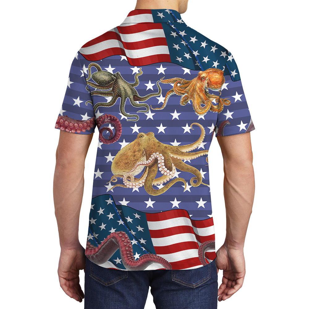 Funny Octopus American Flag Men's Polo Shirt