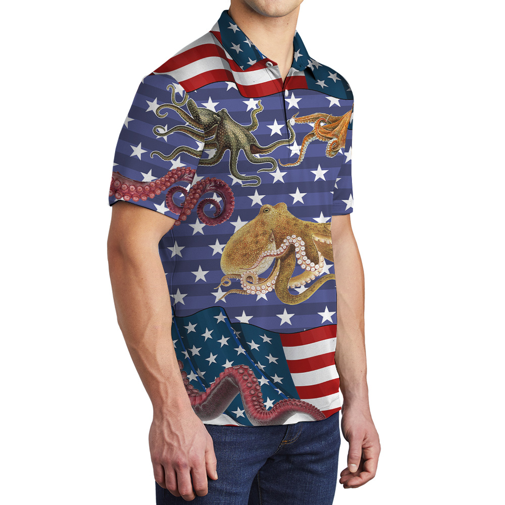 Funny Octopus American Flag Men's Polo Shirt