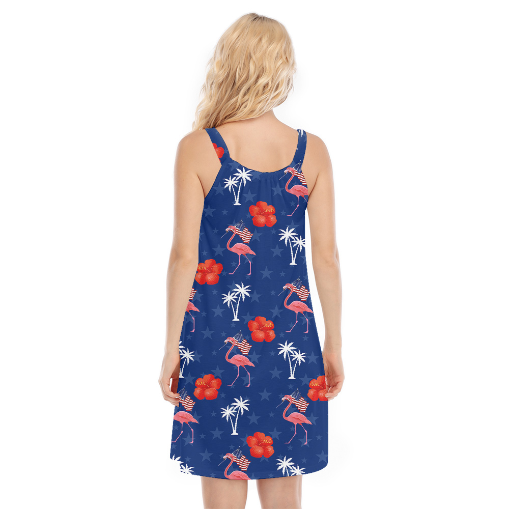 Flamingo American Flag Patriotic Blue Luau Dress