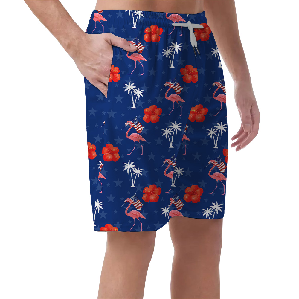 Funny Flamingo Floral Patriotic Summer Shorts For Men