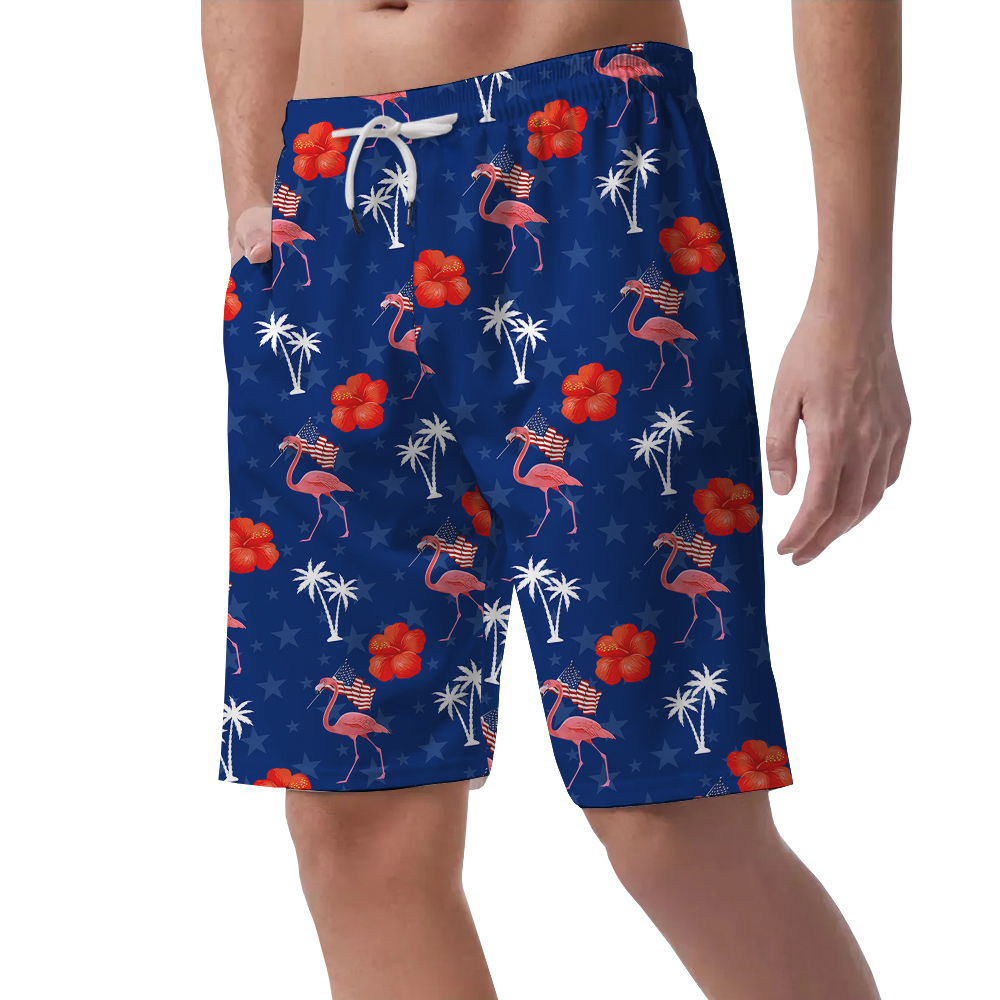 Funny Flamingo Floral Patriotic Summer Shorts For Men