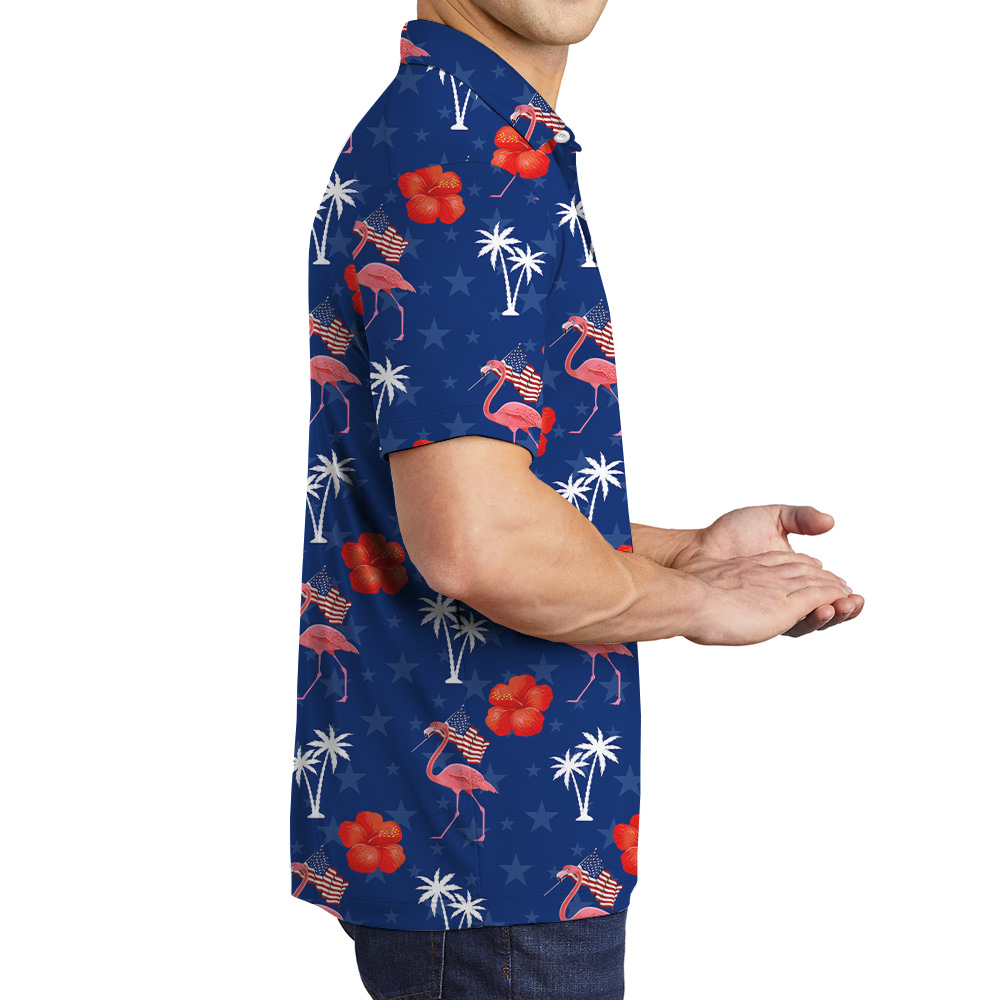 4th Of July Flamingo Hibiscus Blue Men's Polo Shirt