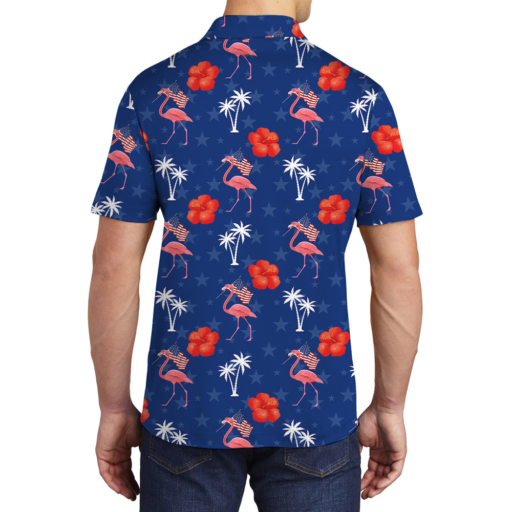 4th Of July Flamingo Hibiscus Blue Men's Polo Shirt