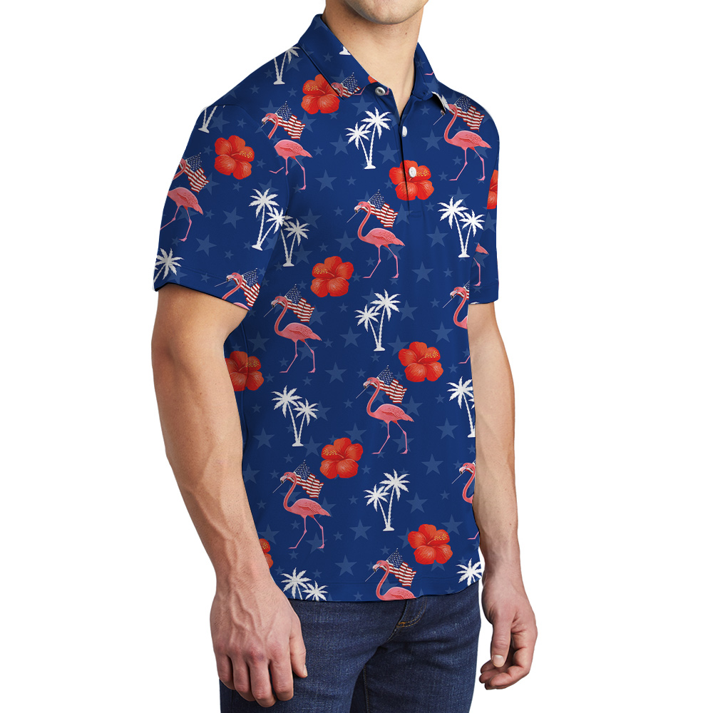 4th Of July Flamingo Hibiscus Blue Men's Polo Shirt
