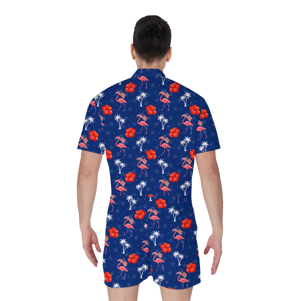 Flamingo American Flag Floral Blue Romper For Men