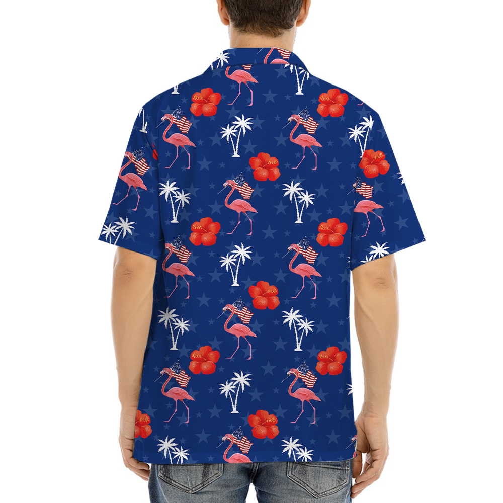Flamingo American Flag Blue Hula Shirt