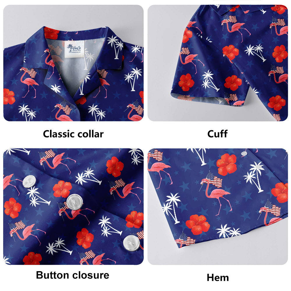 Flamingo American Flag Blue Hula Shirt