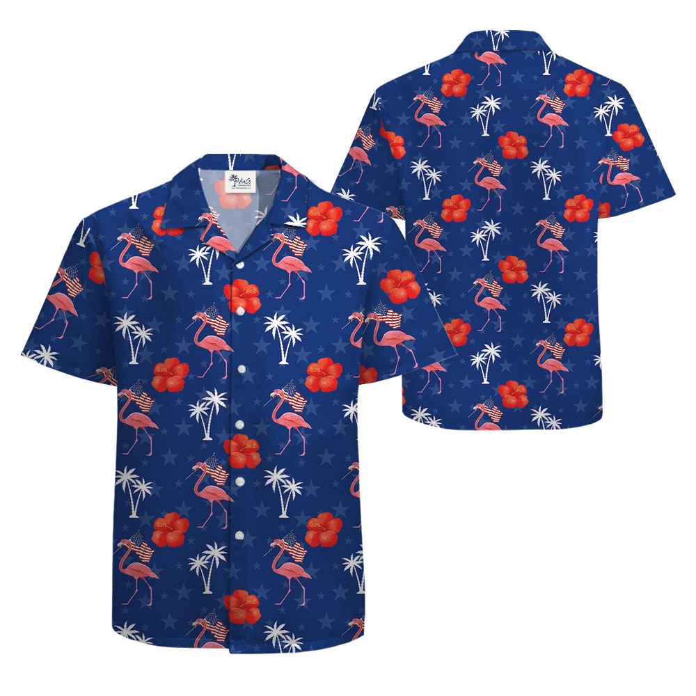 Flamingo American Flag Blue Hula Shirt