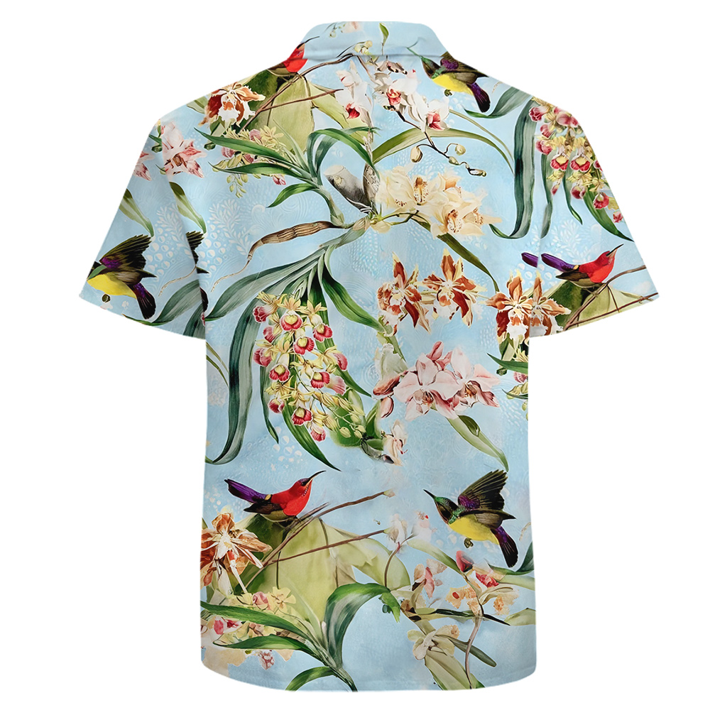 Cotton Hawaiian Shirt for Men Hummingbirds and Tropical Flowers
