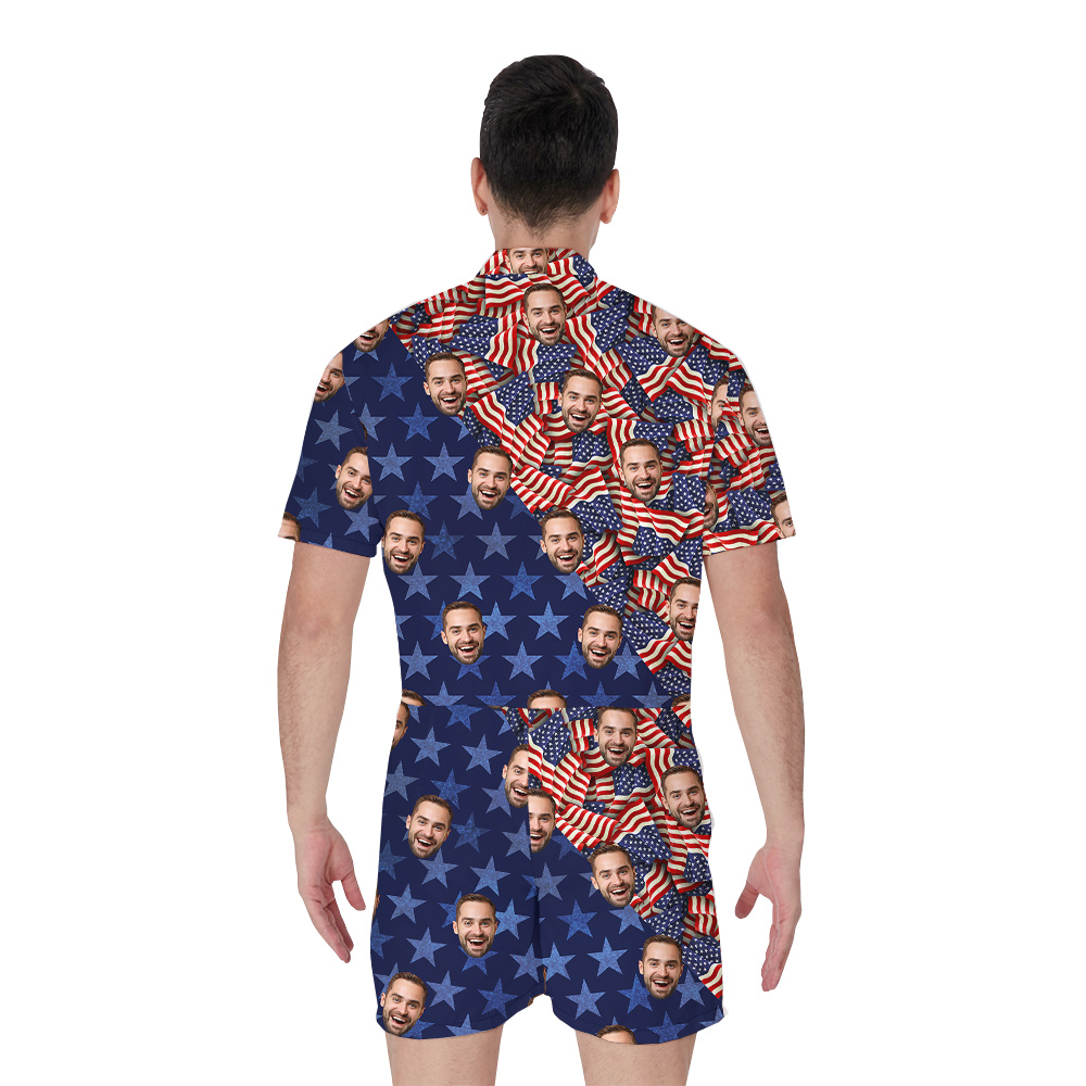 Custom Face 4th Of July American Flag Blue Romper For Men