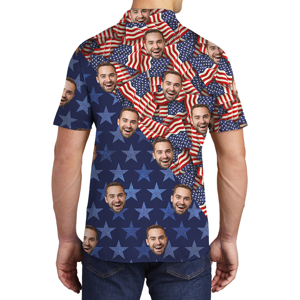Custom Face American Flag Patriotic Men's Polo Shirt