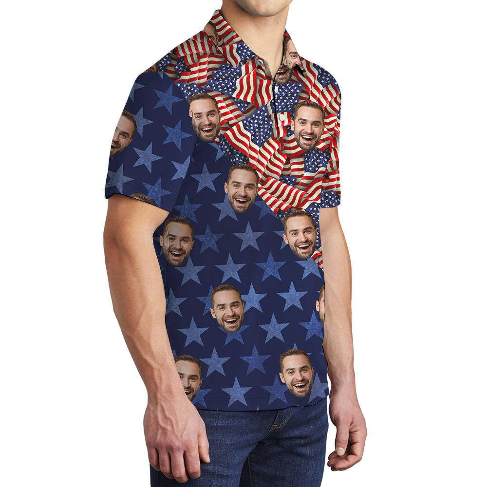 Custom Face American Flag Patriotic Men's Polo Shirt