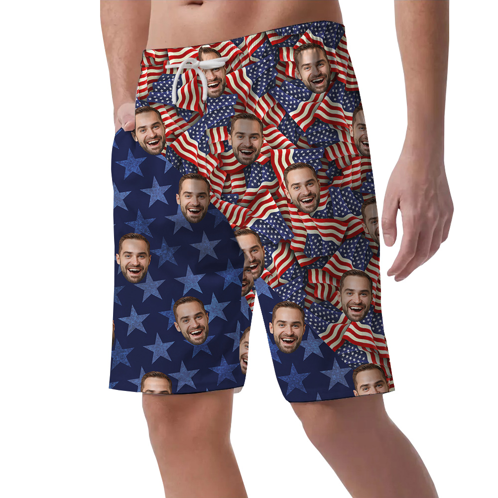 Funny Custom Face American Flag Patriotic Men's Beach Shorts