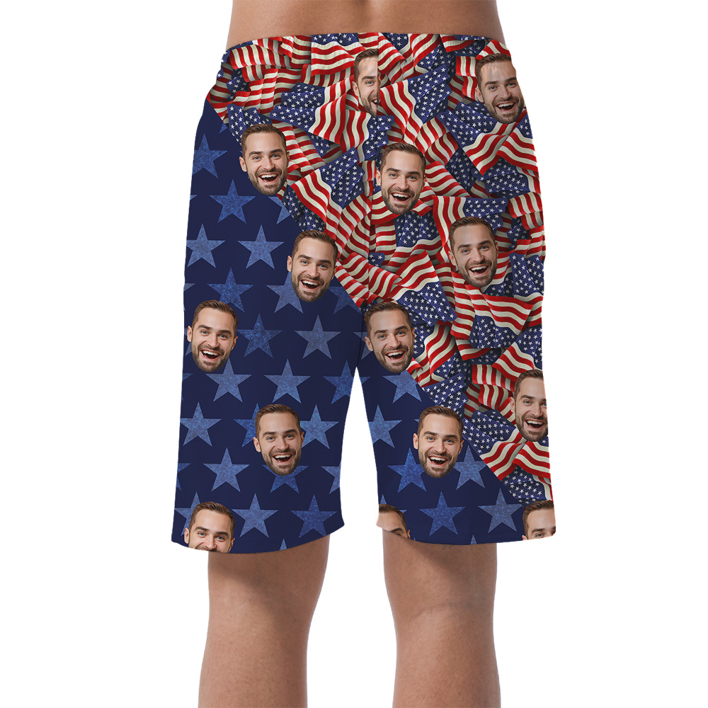 Funny Custom Face American Flag Patriotic Men's Beach Shorts