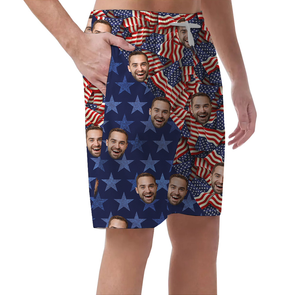 Funny Custom Face American Flag Patriotic Men's Beach Shorts