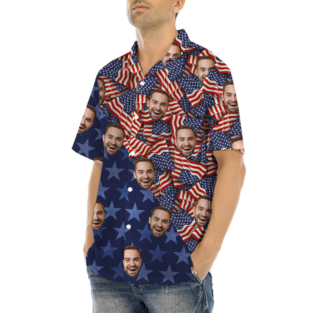 American Flag 4th Of July Men's Hawaiian Shirt With Custom Face