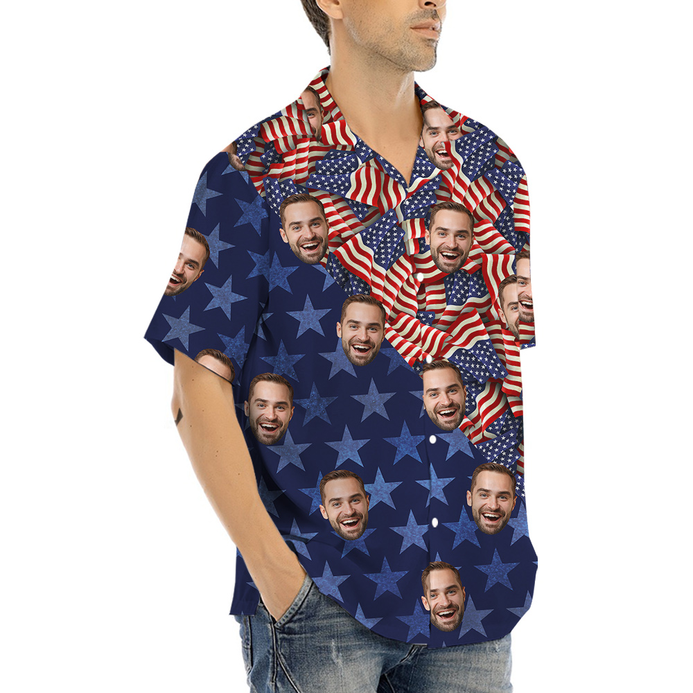 American Flag 4th Of July Men's Hawaiian Shirt With Custom Face