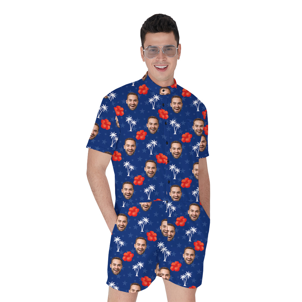 Funny 4th Of July Floral Blue Romper With Custom Face - variant image 1