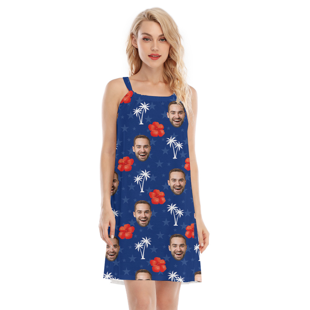 Custom Face 4th Of July Hibiscus Blue Hawaiian Cami Dress - variant image 1