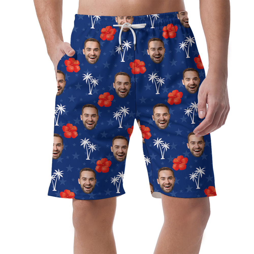 4th Of July Floral Blue Hawaiian Beach Shorts With Custom Face - variant image 1